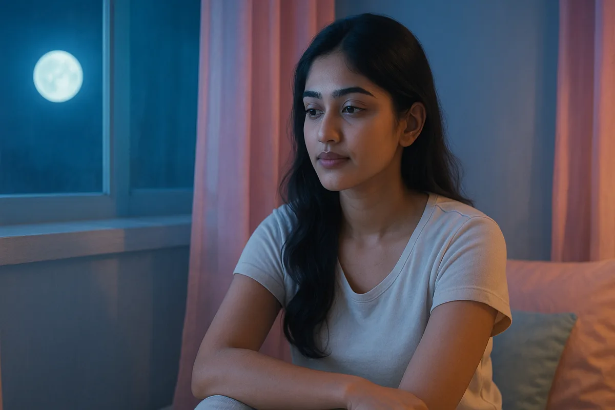 రాత్రి చంద్రుడు కాంతిలో కిటికీ పక్కన కూర్చొని ఆలోచనల్లో మునిగిపోయిన యువతి