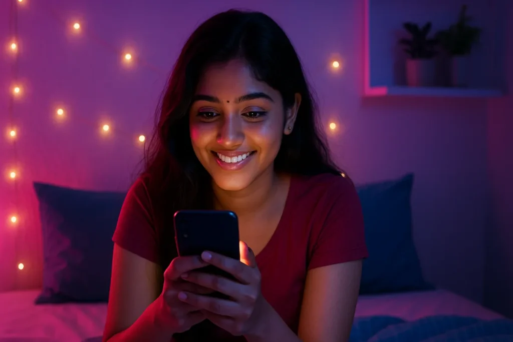 రాత్రి గదిలో ఫెయిరీ లైట్స్ మధ్య ఫోన్ చూస్తూ స్మితం చిందిస్తున్న యువతి