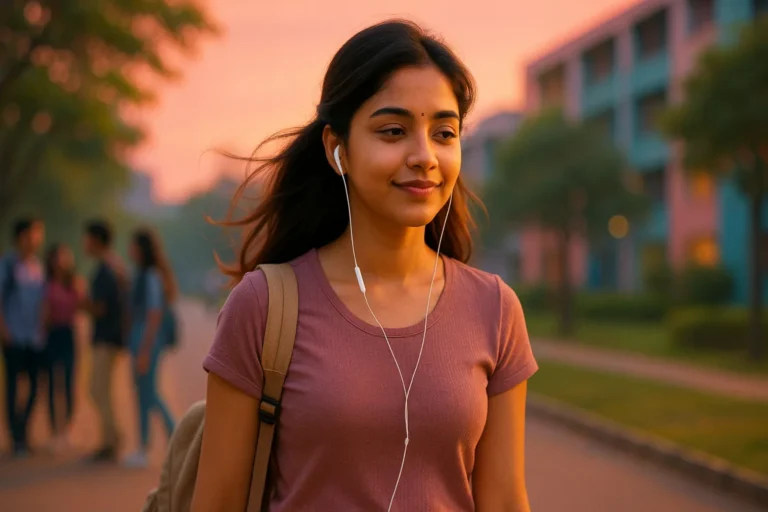 సాయంత్రపు వెలుగులో ఇయర్‌ఫోన్స్ వేసుకుని నడుస్తున్న తెలుగు అమ్మాయి, వెనుక స్నేహితులు మాట్లాడుకుంటున్నారు.