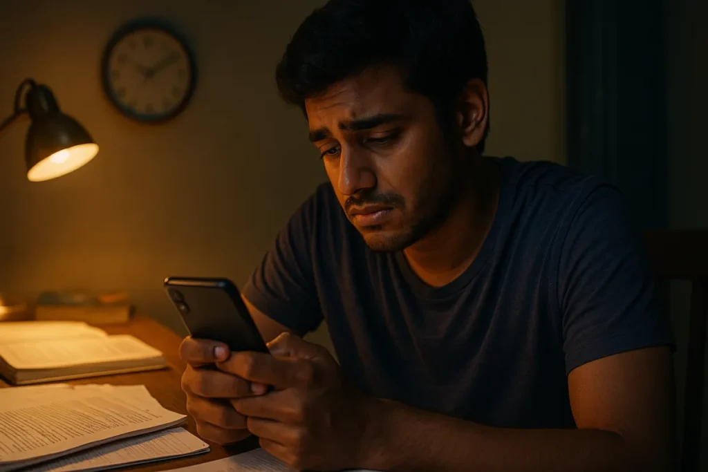 ఒక యువకుడు రాత్రి లైటు కింద చదువుకుంటూ చేతిలో మొబైల్ చూస్తున్నాడు. అతని ముఖంలో ఆందోళన, దృష్టి చెదరిపోవడం స్పష్టంగా కనిపిస్తోంది. పక్కన పుస్తకాలు తెరిచి ఉన్నాయి కానీ దృష్టి ఫోన్‌పైనే ఉంది.