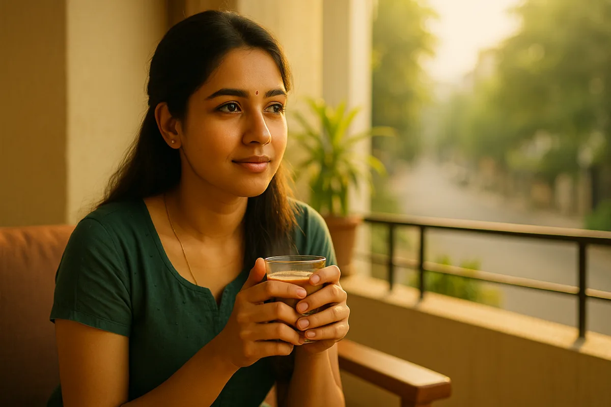 ఉదయాన్నే బాల్కనీలో కూర్చుని చాయ్ గ్లాస్ పట్టుకుని ప్రశాంతంగా బయటకు చూస్తున్న యువతి. వెనుక సూర్యోదయం కాంతి పడుతోంది.