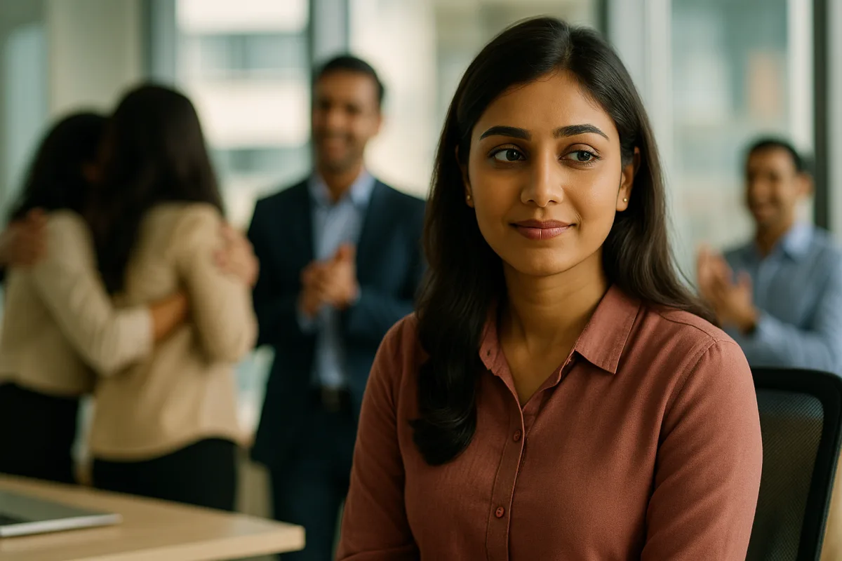 ఆఫీస్‌లో ఇతరులు ఒకరినొకరు ఆలింగనం చేసుకుంటూ సెలబ్రేట్ చేస్తుండగా, తలుచుకుంటూ కూర్చున్న యువతి.