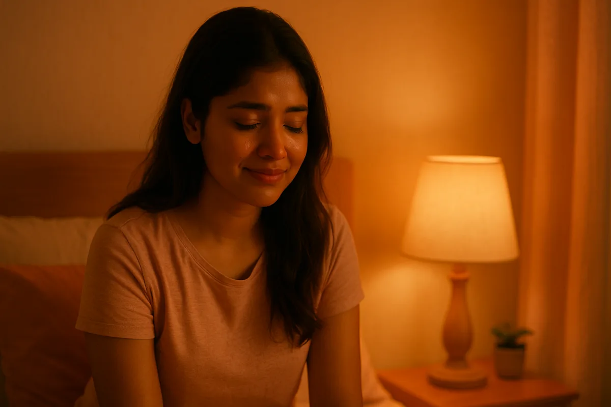 నైట్‌ ల్యాంప్‌ వెలుగులో మంచం మీద కూర్చొని కళ్లలో నీరు, కానీ ముఖంలో ప్రశాంతత కనపడుతున్న యువతి