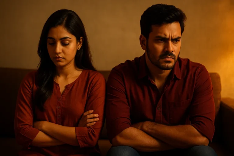 యువ జంట ఒకే సోఫాపై కూర్చొని ఉన్నారు. ఇద్దరూ చేతులు మడిచుకొని కిందకు చూస్తున్నారు. ముఖంలో అసంతృప్తి, కోపం, బాధ కలిసిన భావాలు కనిపిస్తున్నాయి.