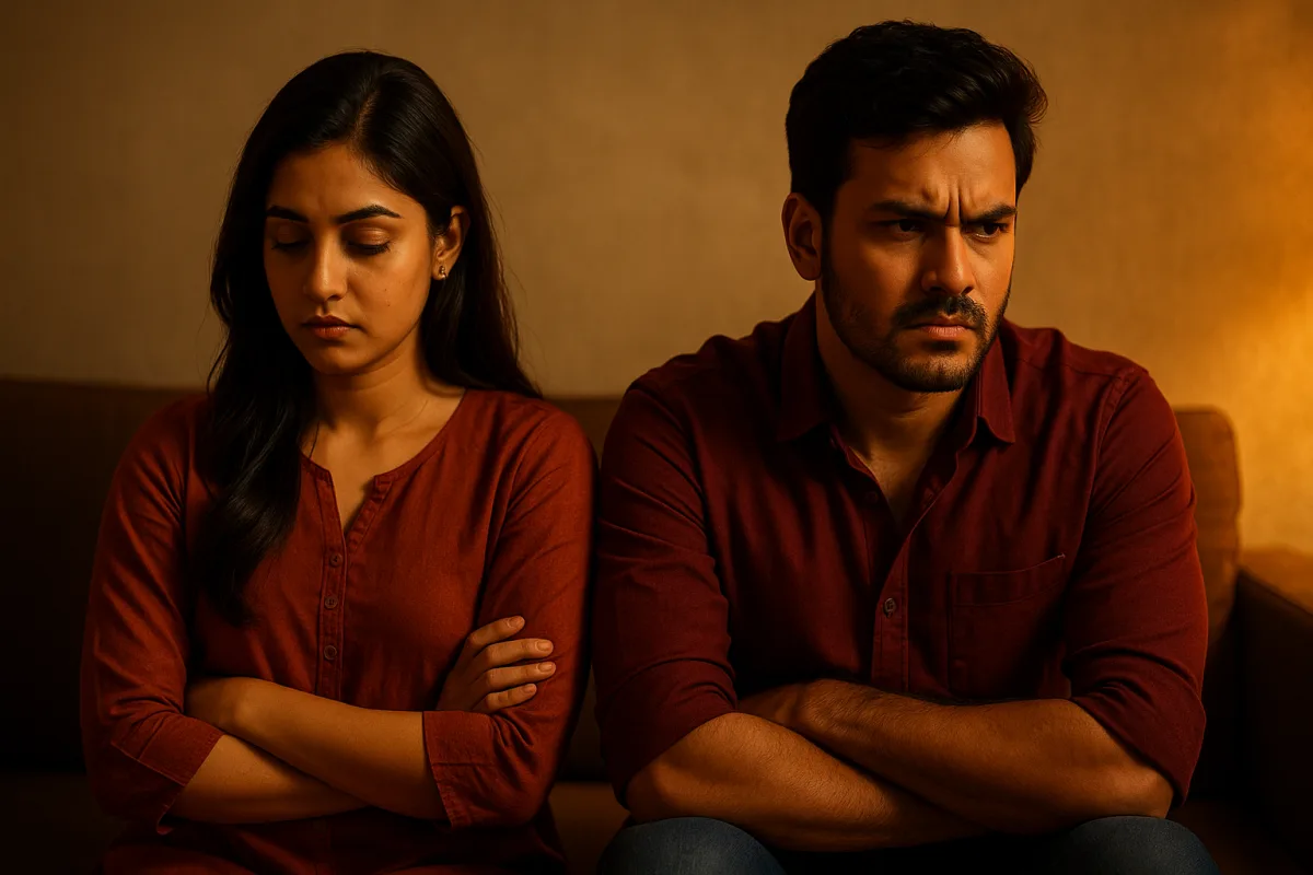 యువ జంట ఒకే సోఫాపై కూర్చొని ఉన్నారు. ఇద్దరూ చేతులు మడిచుకొని కిందకు చూస్తున్నారు. ముఖంలో అసంతృప్తి, కోపం, బాధ కలిసిన భావాలు కనిపిస్తున్నాయి.