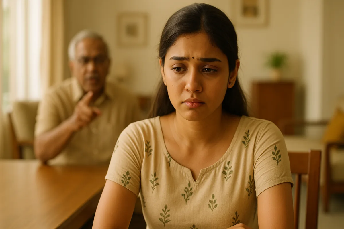 తండ్రి కోపంగా మందలిస్తుండగా, కుర్చీలో కూర్చుని బాధతో నిశ్శబ్దంగా ఉన్న యువతి. గది వెలుతురు మృదువుగా ఉంది.