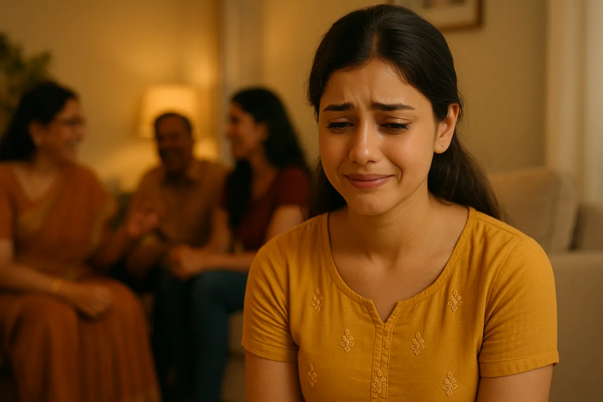 వెనుక బంధువులు నవ్వుతూ మాట్లాడుతుండగా, ముందర కూర్చున్న యువతి కళ్లలో నీరు తెచ్చుకుని బాధగా ఉంది. ఇంటి వాతావరణం గంభీరంగా కనిపిస్తోంది.