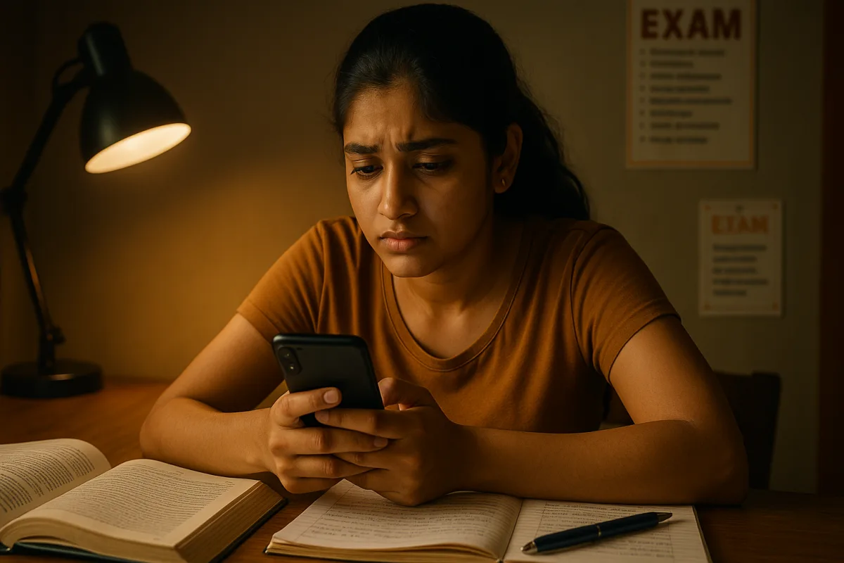 పరీక్ష సమయం దగ్గరగా ఉండగా యువతి పుస్తకాలు తెరిచి, మొబైల్‌లో ఏదో చూస్తూ ఆలోచనలో మునిగిపోయింది. ముఖంలో ఆందోళన, దృష్టి లోపం స్పష్టంగా ఉంది.