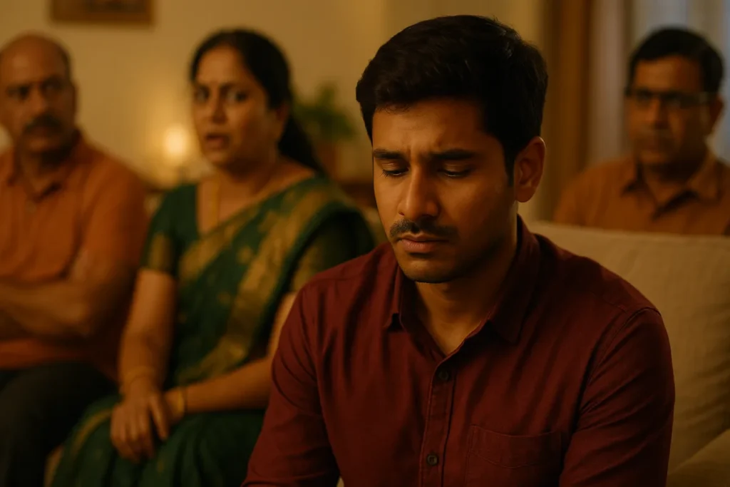 తల్లి, తండ్రి మరియు బంధువులు మాట్లాడుతుండగా, సోఫాపై తలదించుకుని మౌనంగా ఉన్న యువకుడు. అతని ముఖంలో నిరాశ స్పష్టంగా కనిపిస్తోంది.