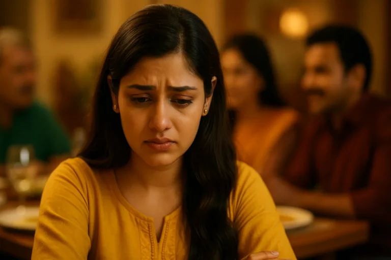 భోజన సమయంలో టేబుల్ దగ్గర కూర్చున్న యువతి దిగులుగా ఉంది. కళ్లలో నిస్పృహ, ముఖంలో బాధ స్పష్టంగా కనిపిస్తోంది. వెనుక ఇతరులు మాట్లాడుకుంటూ సంతోషంగా ఉన్నారు కానీ ఆమె మాత్రం మౌనంగా ఉంది.