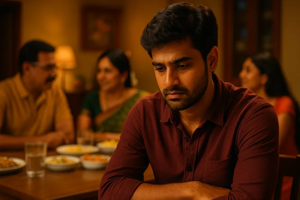 కుటుంబ భోజన సమయంలో టేబుల్ దగ్గర కూర్చున్న యువకుడు మౌనంగా, బాధతో తల వంచి ఉన్నాడు. వెనుక కుటుంబ సభ్యులు ఆనందంగా మాట్లాడుకుంటున్నారు కానీ అతను ఒంటరితనం అనుభవిస్తున్నాడు.
