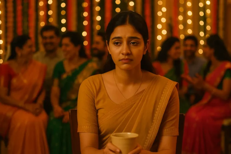 ఫ్యామిలీ వేడుకలో కుర్చీ మీద కూర్చుని చాయ్ కప్పు పట్టుకుని బాధతో ఉన్న యువతి. వెనుక ఉన్నవారు మాట్లాడుకుంటూ నవ్వుతున్నారు.