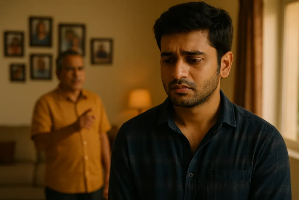 ఇంట్లో తండ్రి కోపంగా మాట్లాడుతుండగా, బాధగా తలదించుకుని ఉన్న యువకుడు. నేపథ్యంలోని గోడపై కుటుంబ ఫోటోలు ఉన్నాయి.