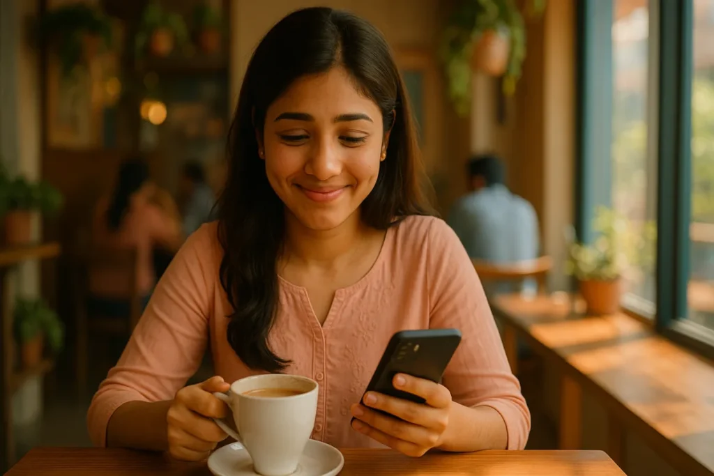 కాఫీ షాప్లో కాఫీ కప్పు పట్టుకుని ఫోన్ చూస్తూ నవ్వుతున్న యువతి