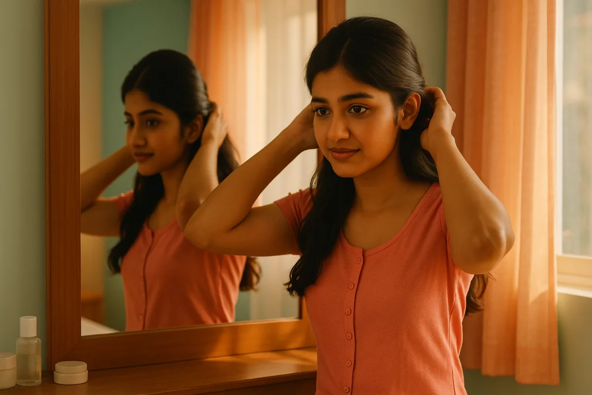 అద్దం ముందు నిలబడి జుట్టు సరిచేసుకుంటూ స్వల్ప ఆందోళనతో చూస్తున్న తెలుగు అమ్మాయి, కిటికీ నుంచి సాఫ్ట్ లైట్ వస్తోంది.