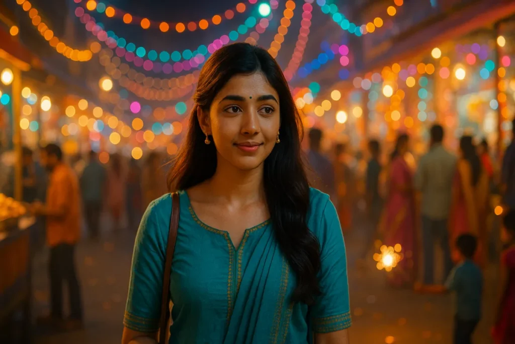 పండుగ వేళ రంగుల కాంతులతో నిండిన వీధిలో నిశ్శబ్దంగా నిలబడి నవ్వుతున్న తెలుగు అమ్మాయి.