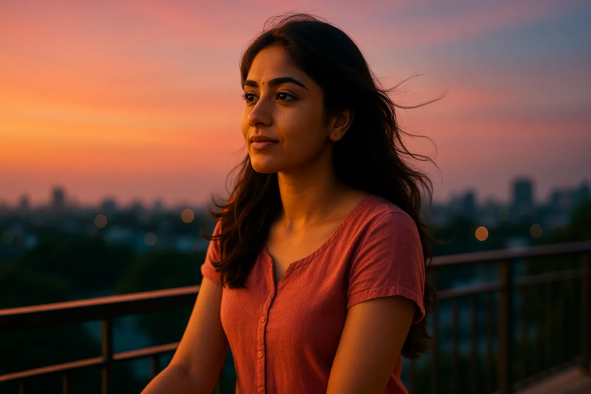 సూర్యాస్తమయం కాంతిలో టెర్రస్‌పై కూర్చుని ఆలోచనలో మునిగిన తెలుగు యువతి, ముఖంలో ప్రశాంత గిల్టీ భావం.