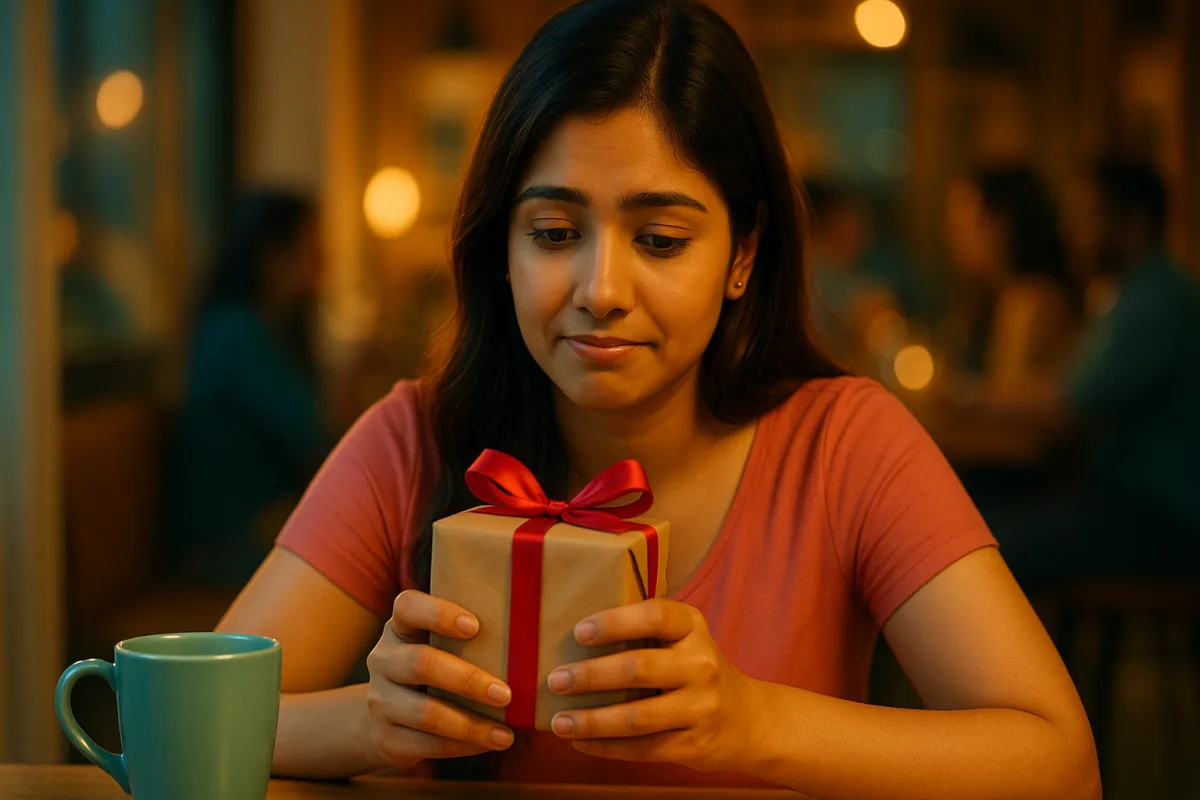 కాఫీ షాప్‌లో కూర్చుని గిఫ్ట్ పట్టుకుని సైలెంట్‌గా నవ్వుతున్న తెలుగు అమ్మాయి, కానీ కళ్లలో కొంచెం బాధ కనిపిస్తుంది.