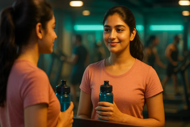 జిమ్‌లో అద్దం ముందు వాటర్‌ బాటిల్‌ పట్టుకుని తన ప్రతిబింబాన్ని చూసి చిరునవ్వు చిందిస్తున్న యువతి