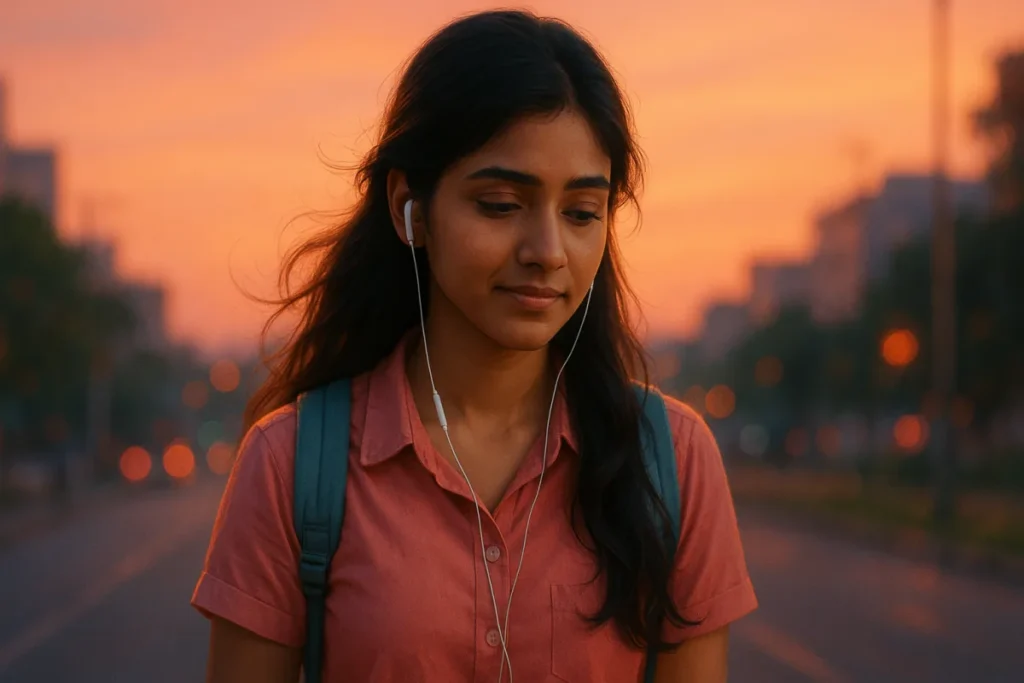 సాయంత్రం సూర్యాస్తమయం సమయంలో రోడ్డుపై నడుస్తూ, ఇయర్‌ఫోన్స్ పెట్టుకుని ఆలోచనల్లో మునిగిపోయిన తెలుగు అమ్మాయి.