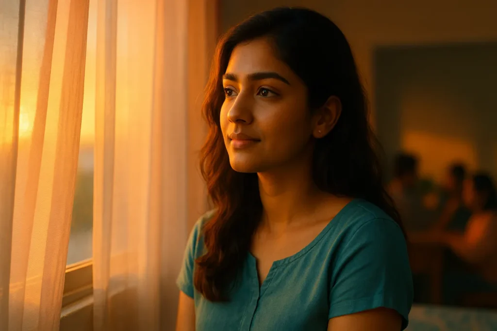 కిటికీ పక్కన సాయంత్రం కాంతిలో మౌనంగా చూస్తున్న తెలుగు అమ్మాయి, వెనుక కుటుంబ సభ్యులు మాట్లాడుకుంటున్నారు.