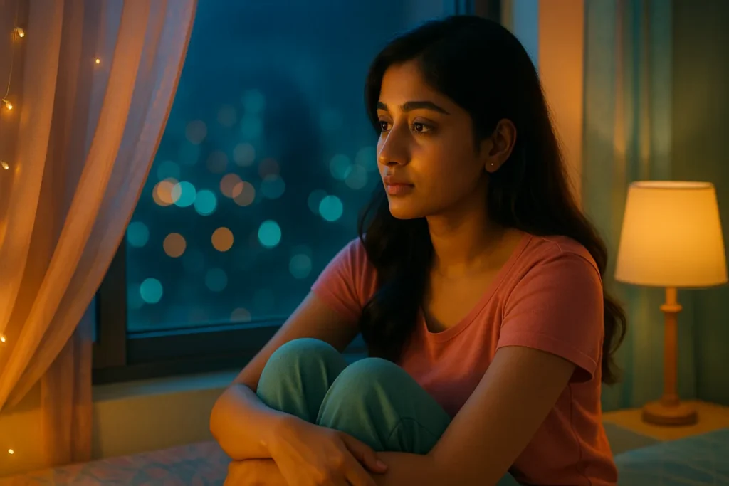 రాత్రి కిటికీ దగ్గర కూర్చుని వెలుగుల వైపు మౌనంగా చూస్తున్న తెలుగు అమ్మాయి, ముఖంలో ప్రశాంతమైన కానీ గందరగోళమైన భావం.
