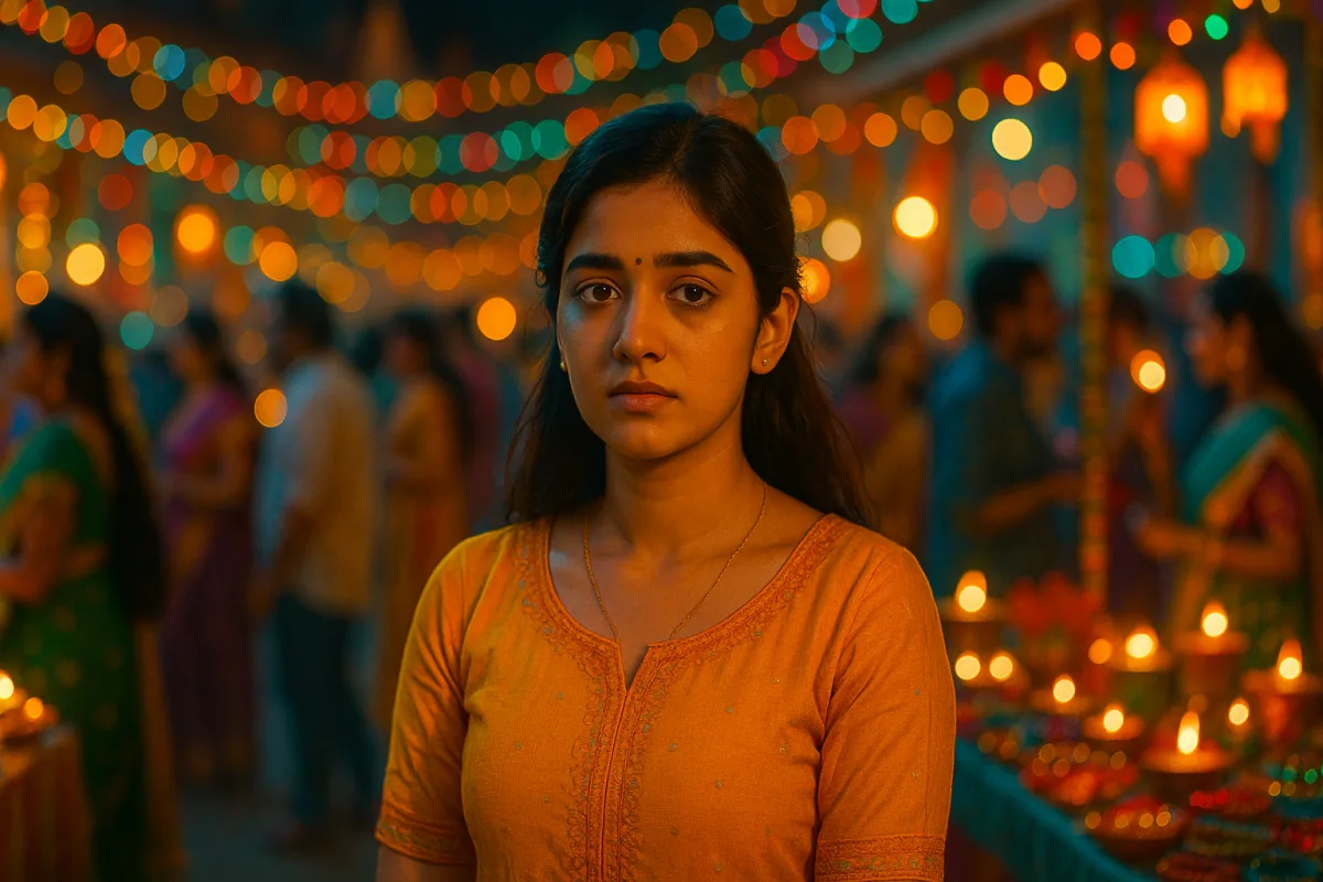 దీపాల కాంతిలో పండుగలో ఉన్నా ఒంటరితనంతో నిలబడి ఉన్న తెలుగు అమ్మాయి.