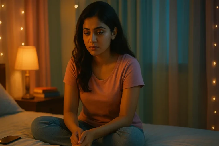 రాత్రి గదిలో మంచంపై కూర్చుని దిగులుగా ఆలోచిస్తున్న తెలుగు అమ్మాయి, పక్కన ఫోన్ పడిఉంది, లైట్ స్వల్పంగా వెలుగుతోంది.