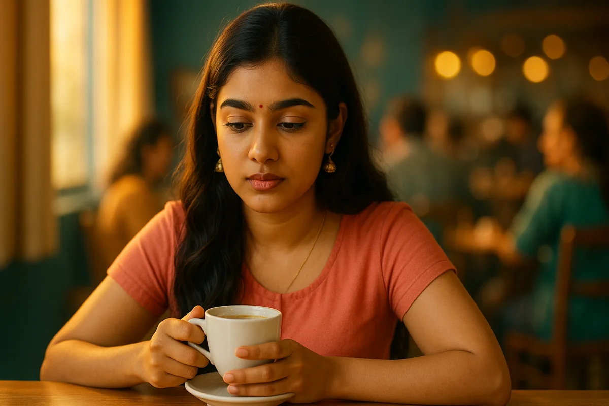 కేఫ్‌లో కాఫీ కప్పు పట్టుకుని దిగులుగా కూర్చున్న తెలుగు అమ్మాయి, ముఖంలో ఆలోచనతో కూడిన నిశ్శబ్దం.