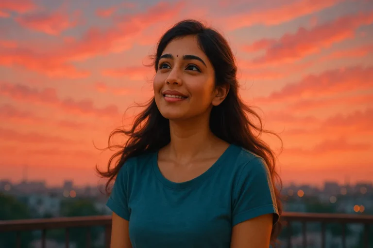 సాయంత్రం ఆకాశం వెనుక సూర్యాస్తమయ కాంతిలో నవ్వుతూ ఆలోచనల్లో మునిగిపోయిన తెలుగు అమ్మాయి.