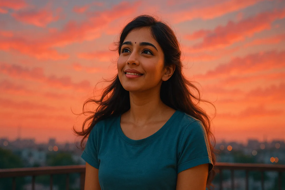 సాయంత్రం ఆకాశం వెనుక సూర్యాస్తమయ కాంతిలో నవ్వుతూ ఆలోచనల్లో మునిగిపోయిన తెలుగు అమ్మాయి.