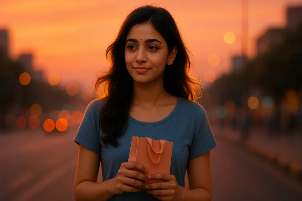 సాయంత్రం వీధిలో గిఫ్ట్ బ్యాగ్ పట్టుకుని నిలబడి సైలెంట్‌గా నవ్వుతున్న తెలుగు అమ్మాయి, వెనుక సూర్యాస్తమయ కాంతి.