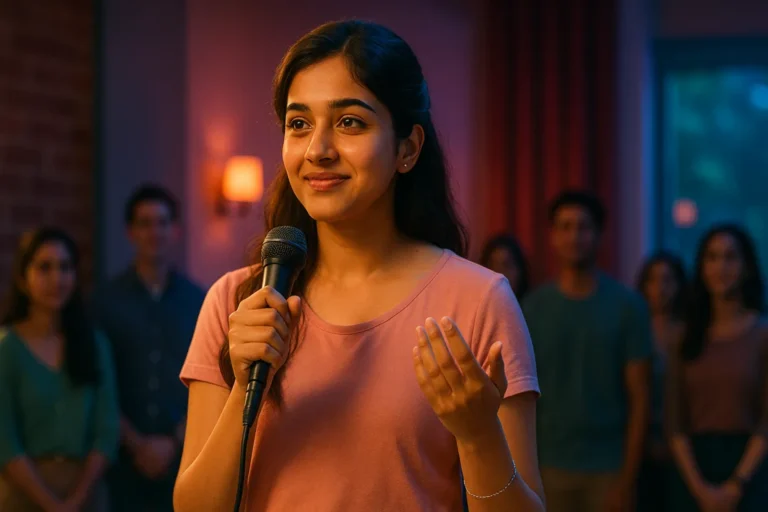 వేదికపై (స్టేజిపై) మైక్రోఫోన్ పట్టుకుని నిలబడి, ప్రేక్షకుల వైపు చూస్తూ మాట్లాడుతున్న యువతి. ఆమె ఆత్మవిశ్వాసంతో, ప్రశాంతంగా కనిపిస్తోంది.