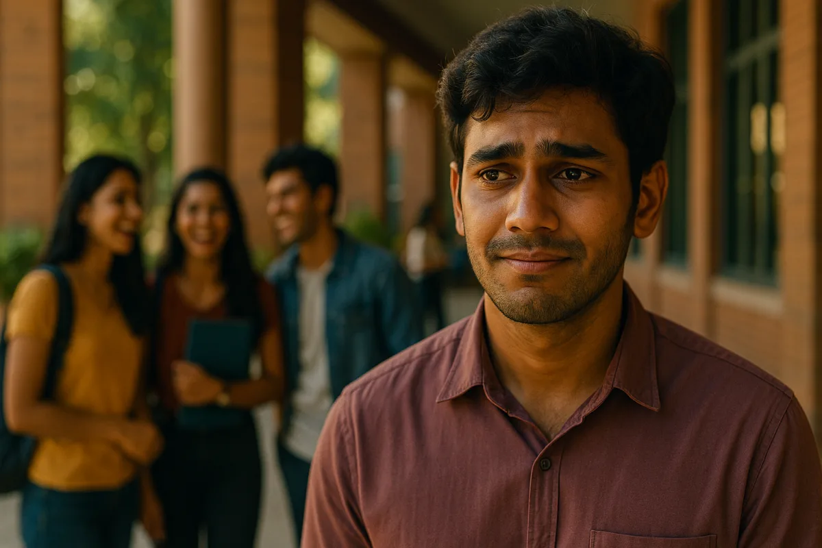 కాలేజీ భవనం ముందు స్నేహితులు నవ్వుకుంటూ మాట్లాడుతుండగా, కొంచెం దూరంగా నిలబడి బాధతో ఉన్న యువకుడు