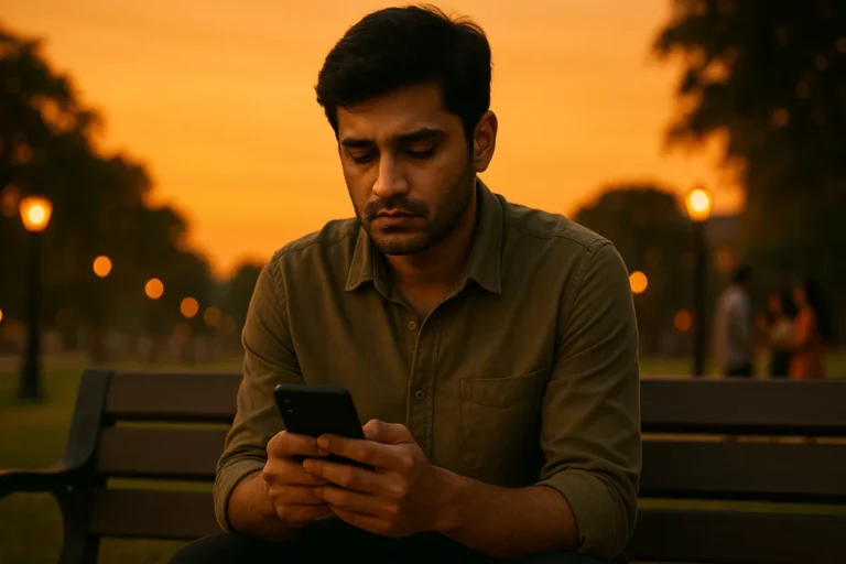 సూర్యాస్తమయం సమయానికి పార్క్ బెంచ్‌పై కూర్చుని మొబైల్ చూస్తూ బాధగా ఉన్న యువకుడు. వెనుకపడ్డ కాంతులు మసకబారగా ఉన్నాయి.