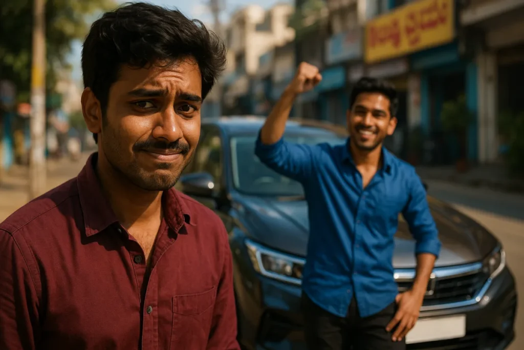 రోడ్డుపై ఒక వ్యక్తి కొత్త కారు దగ్గర ఉత్సాహంగా ఉన్నాడు. అతని స్నేహితుడు ముందర నిలబడి అర్ధనవ్వుతో, లోలోపల కలతతో చూస్తున్నాడు. అతని ముఖంలో ఆనందం కంటే ఆత్మతులన, పోలిక, అసహనం స్పష్టంగా కనిపిస్తున్నాయి.