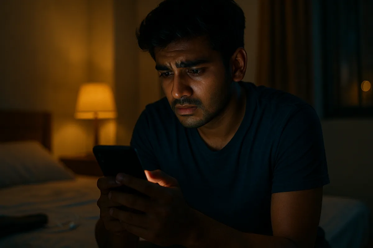 రాత్రివేళ గదిలో ఒంటరిగా కూర్చుని మొబైల్‌లో ఏదో చూస్తూ బాధతో ఉన్న యువకుడు. వెనుక దీపం వెలుగులో ఆలోచనల్లో మునిగిపోయినట్లు కనిపిస్తున్నాడు.