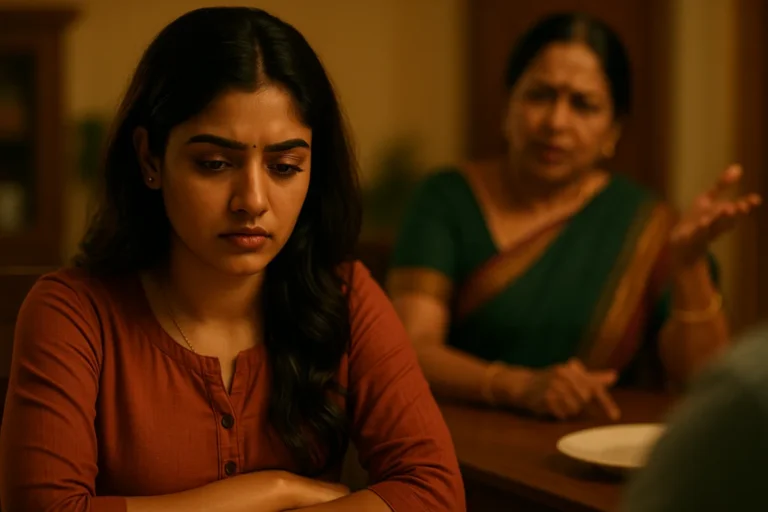 భోజన టేబుల్ దగ్గర యువతి తల వంచి మౌనంగా బాధతో కూర్చుంది. వెనుక ఒక పెద్ద మహిళ (బహుశా తల్లి లేదా అత్త) కోపంగా చేయి చూపిస్తూ మాట్లాడుతోంది. ఇద్దరి మధ్య తరాల తేడా వల్ల వచ్చే వాదన స్పష్టంగా కనిపిస్తోంది.