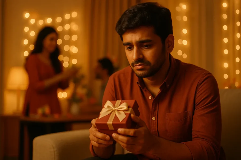 డెకరేషన్ లైట్లు ఉన్న గదిలో గిఫ్ట్ బాక్స్ పట్టుకుని బాధగా కూర్చున్న యువకుడు. వెనుక జంట నవ్వుతూ మాట్లాడుతున్నారు.