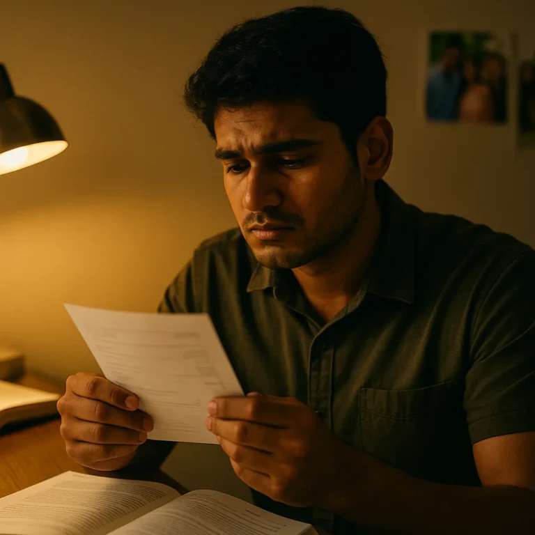 పాఠశాల విద్యార్థి లేదా యువకుడు తన మార్కుల షీట్‌ను చూసి నిరాశతో ఉన్నాడు. టేబుల్ మీద పుస్తకాలు, ల్యాంప్ కాంతిలో ఒంటరిగా కూర్చుని ఆలోచిస్తున్నాడు.