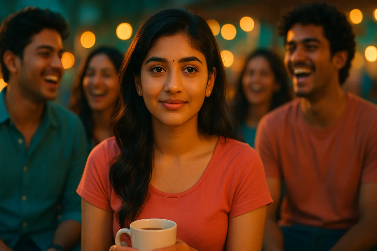 స్నేహితుల మధ్య కాఫీ కప్పుతో కూర్చున్న తెలుగు అమ్మాయి, అందరూ నవ్వుతుండగా ఆమె ప్రశాంతంగా మౌనంగా ఉంది.
