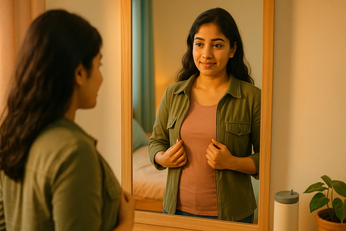 అద్దం ముందు జాకెట్‌ వేసుకుంటూ తనను చూసుకుంటున్న యువతి, ముఖంలో స్వల్ప నెర్వస్‌ చిరునవ్వు