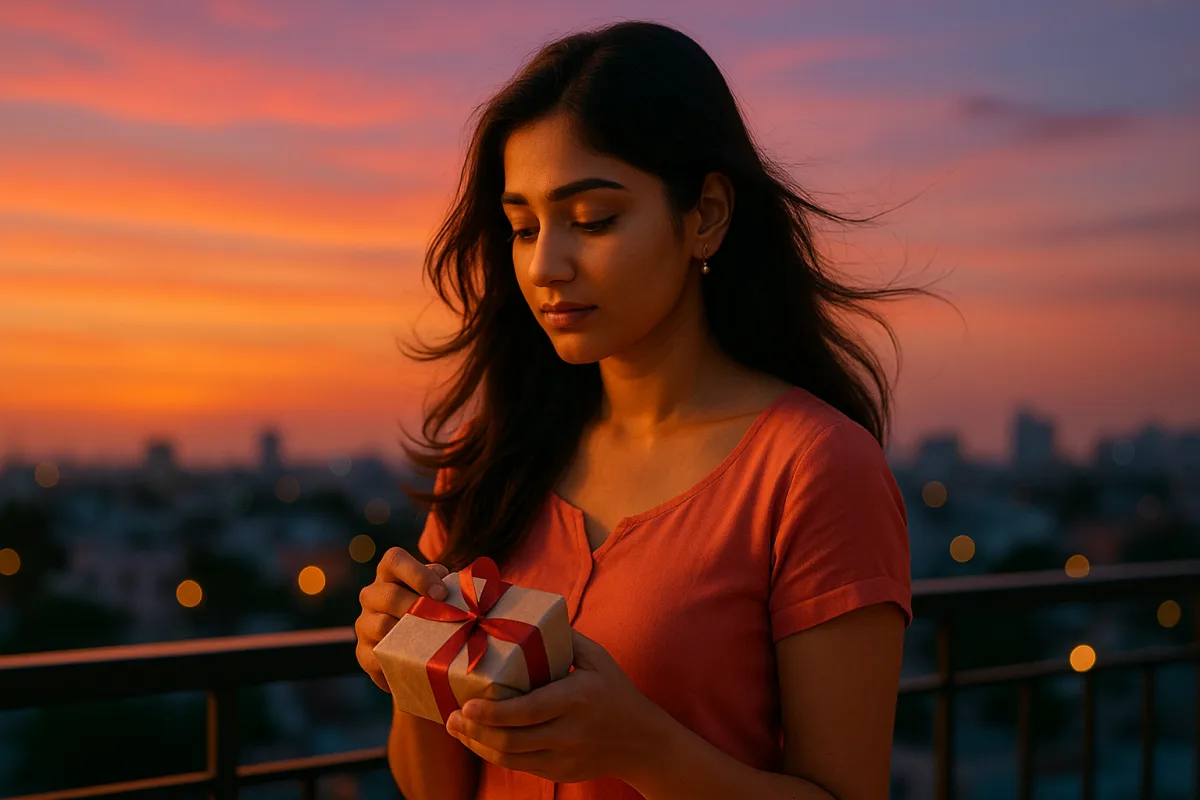 సాయంత్రం సూర్యాస్తమయం కాంతిలో రూఫ్‌టాప్‌ పై గిఫ్ట్ పట్టుకుని మౌనంగా నిల్చున్న తెలుగు అమ్మాయి, ముఖంలో నిశ్శబ్దమైన నిరాశ.