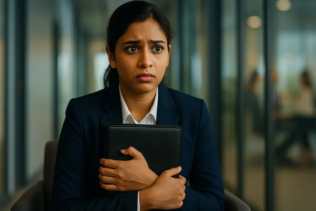ఆఫీస్ లాబీ లో కూర్చుని ఫైల్ పట్టుకొని ఆందోళనగా ఉన్న యువతి, ముఖంలో టెన్షన్ స్పష్టంగా కనిపిస్తోంది.