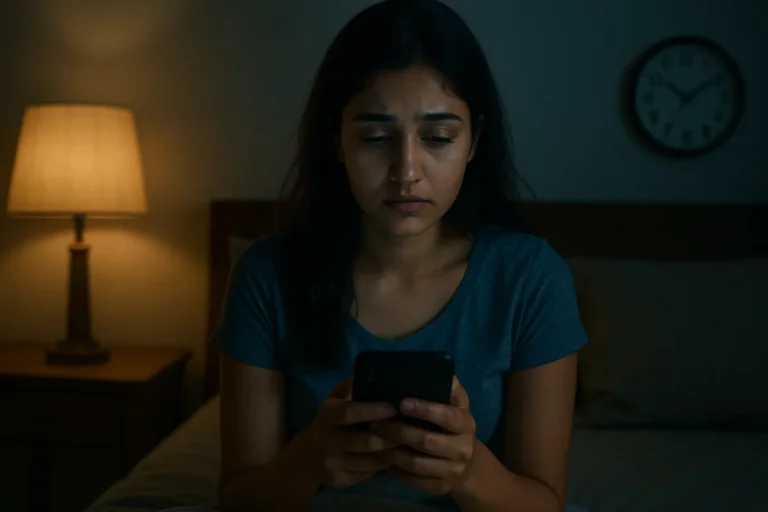 రాత్రి గదిలో మంచంపై కూర్చుని మొబైల్ చూస్తూ మైండ్ బ్లాంక్‌గా ఉన్న యువతి. వెనుక ల్యాంప్ వెలుగులో అలసట స్పష్టంగా కనిపిస్తోంది.