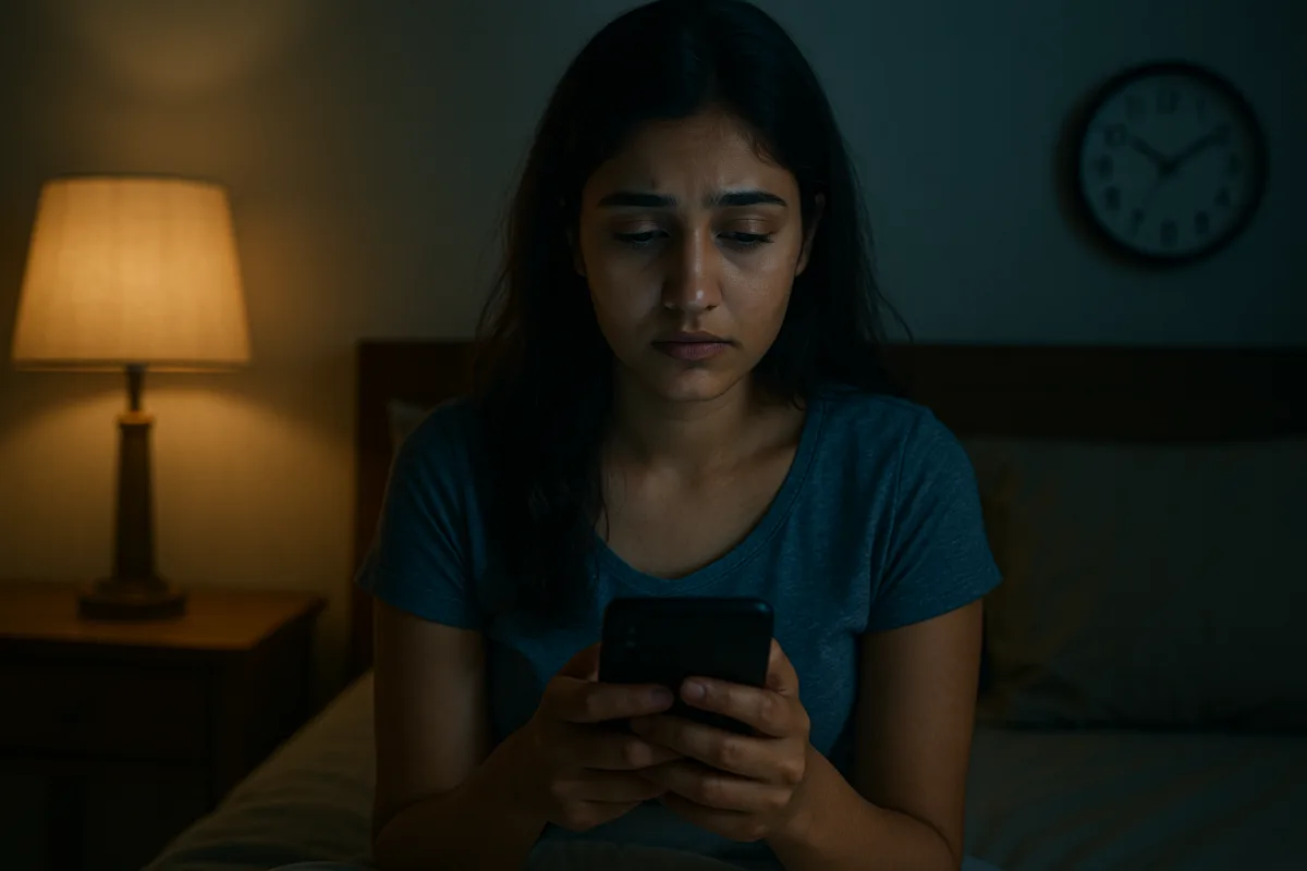 రాత్రి గదిలో మంచంపై కూర్చుని మొబైల్ చూస్తూ మైండ్ బ్లాంక్‌గా ఉన్న యువతి. వెనుక ల్యాంప్ వెలుగులో అలసట స్పష్టంగా కనిపిస్తోంది.