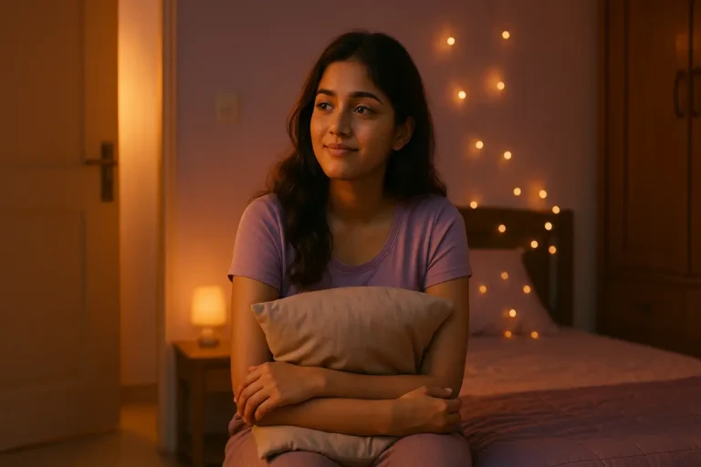 రూమ్‌లో లైట్ల మధ్య దిండును హత్తుకుని కూర్చున్న యువ తెలుగు అమ్మాయి, ముఖంలో మృదువైన ఆలోచనతో చిరునవ్వు.