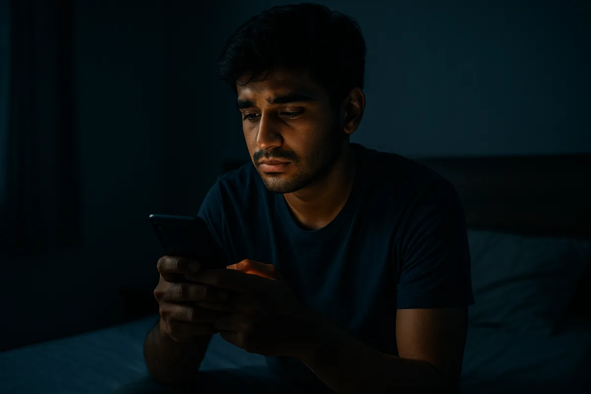 రాత్రి చీకటిలో మంచంపై కూర్చుని మొబైల్‌లో మునిగిపోయిన యువకుడు. స్క్రీన్ కాంతి అతని ముఖంపై పడుతోంది.