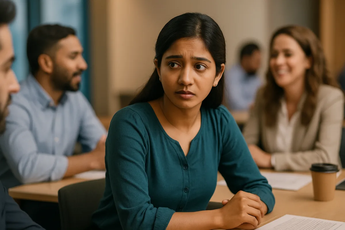 మీటింగ్‌లో చుట్టూ ఉన్నవాళ్లు మాట్లాడుతుండగా, ఒక యువతి ఆందోళనగా చుట్టూ చూస్తోంది. ఆమె ముఖంలో టెన్షన్ స్పష్టంగా ఉంది.