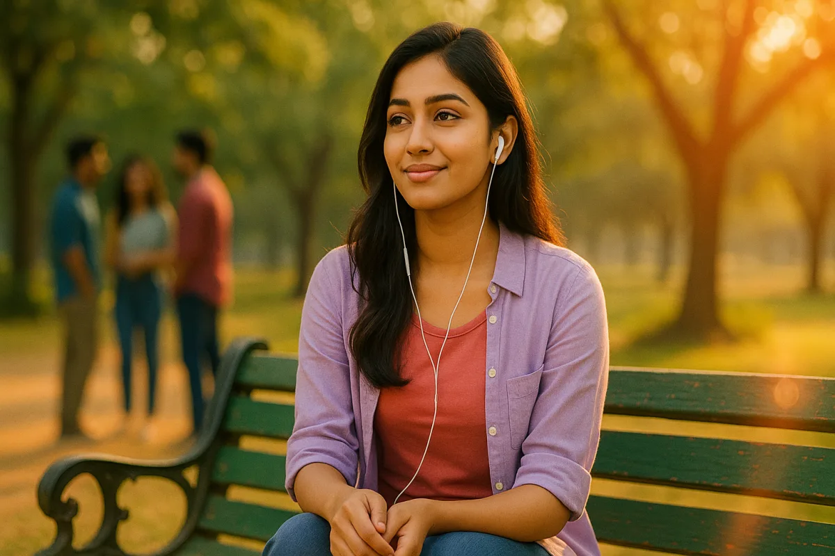 పార్క్ బెంచ్‌పై చెవిలో ఇయర్‌ఫోన్స్ పెట్టుకుని సంతోషంగా కూర్చున్న తెలుగు యువతి, వెనుక స్నేహితులు మాట్లాడుకుంటున్నారు.